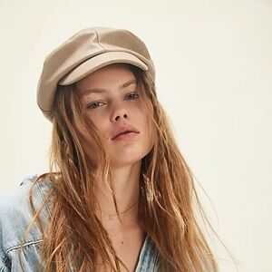 Free People Carrie Distressed Lieutenant Hat - newsboy, leather, beige, tan